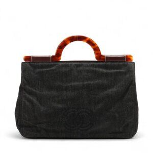 Chanel CC Logo Denim Tortoiseshell Top Handle Bag Black